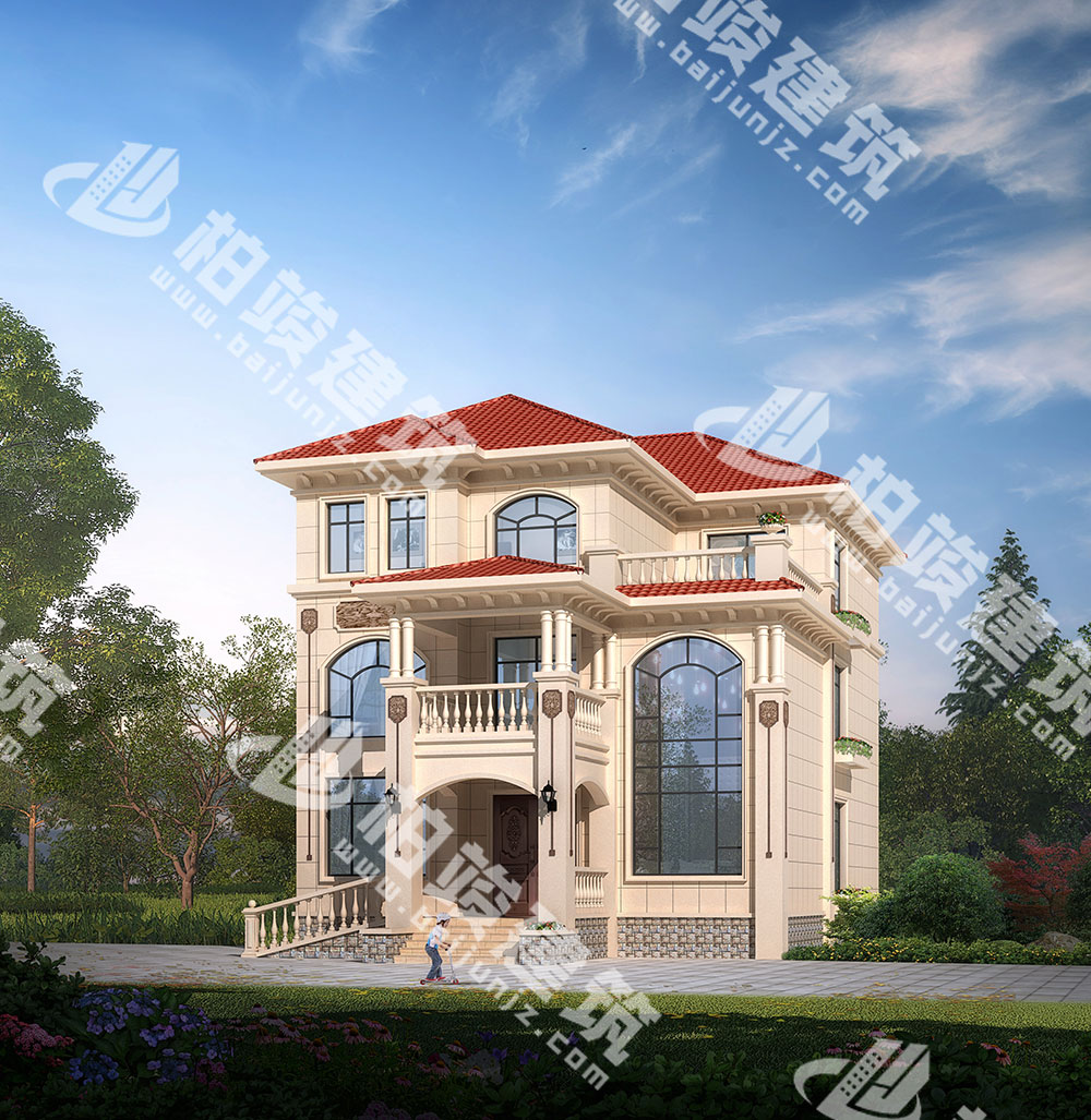 農(nóng)村三層別墅設(shè)計圖紙，簡歐風(fēng)格，帶雙層落地窗、輪椅坡道
