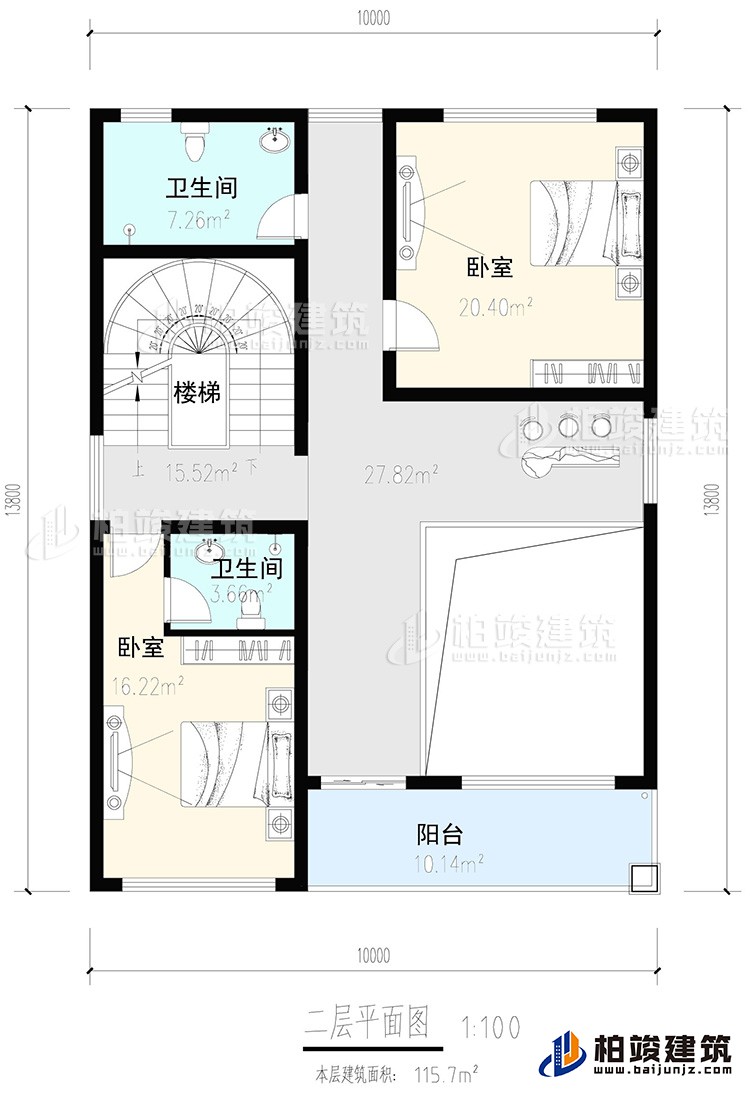 二層：2臥室，內(nèi)衛(wèi)，公衛(wèi)，樓梯，陽(yáng)臺(tái)