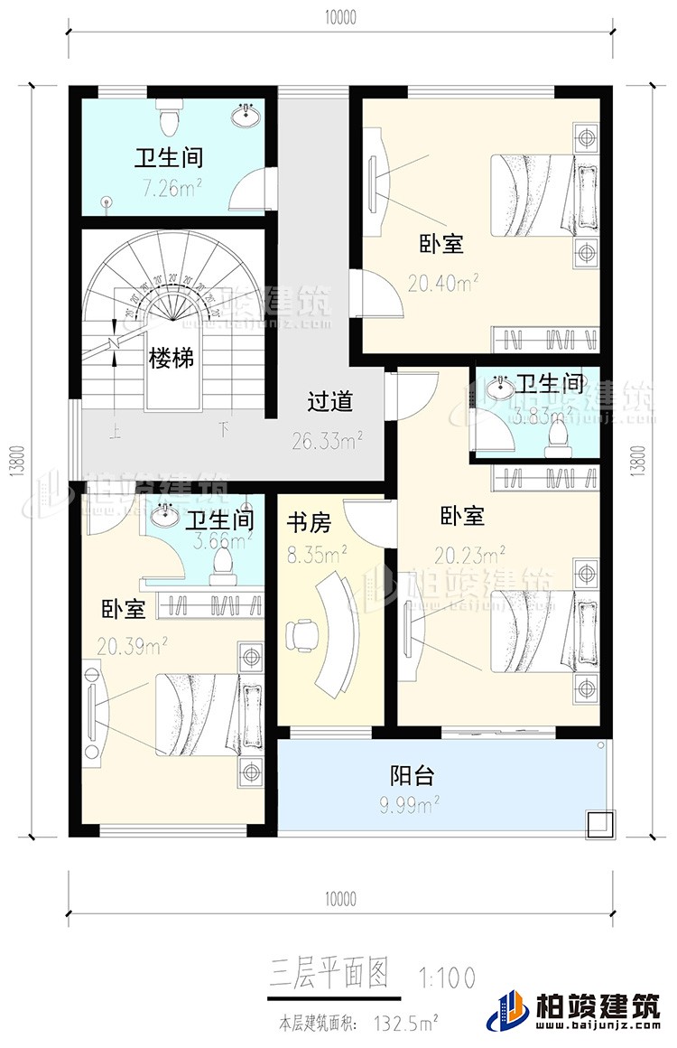 三層：3臥室，2內(nèi)衛(wèi)，公衛(wèi)，樓梯，書(shū)房，陽(yáng)臺(tái)