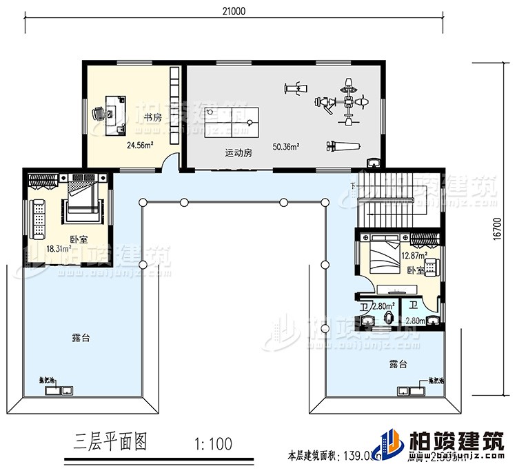 三層：書房，運動房，2臥室，2衛(wèi)生間，露臺