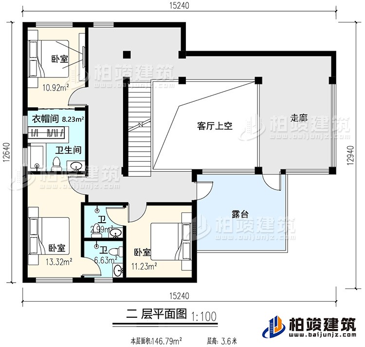 二層：3臥室，內(nèi)衛(wèi)，公衛(wèi)，起居室，樓梯，陽(yáng)臺(tái)，露臺(tái)，書(shū)房