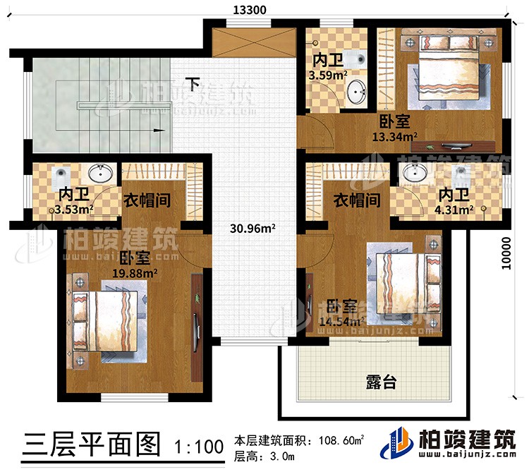 三層：3臥室、2衣帽間、3內(nèi)衛(wèi)、露臺(tái)