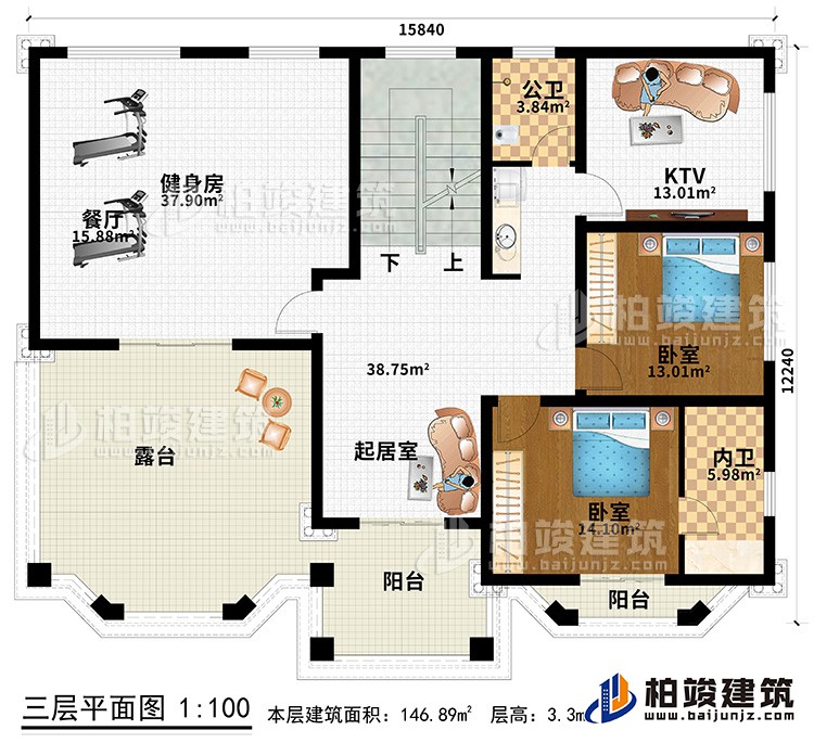 三層：健身房、起居室、2臥室、KTV、公衛(wèi)、內(nèi)衛(wèi)、露臺(tái)、2陽(yáng)臺(tái)