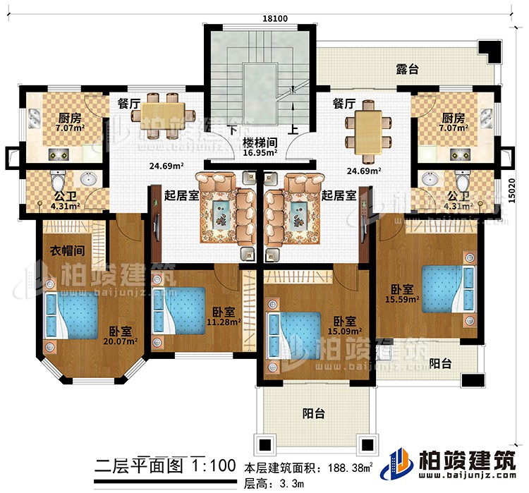 二層：4臥室、衣帽間、2公衛(wèi)、2廚房、2餐廳、樓梯間、露臺(tái)、2陽臺(tái)、2起居室