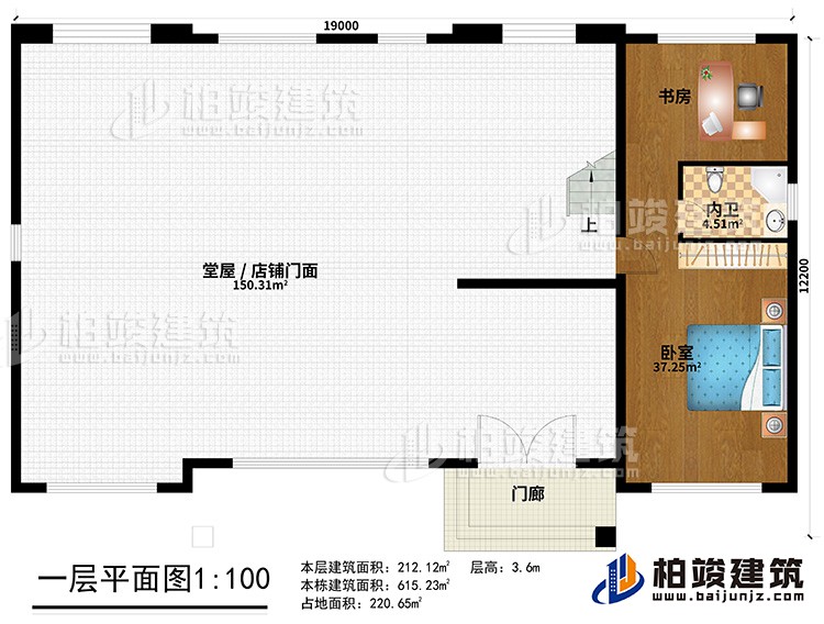 一層：門廊、堂屋/店鋪門面、臥室、書房、內(nèi)衛(wèi)