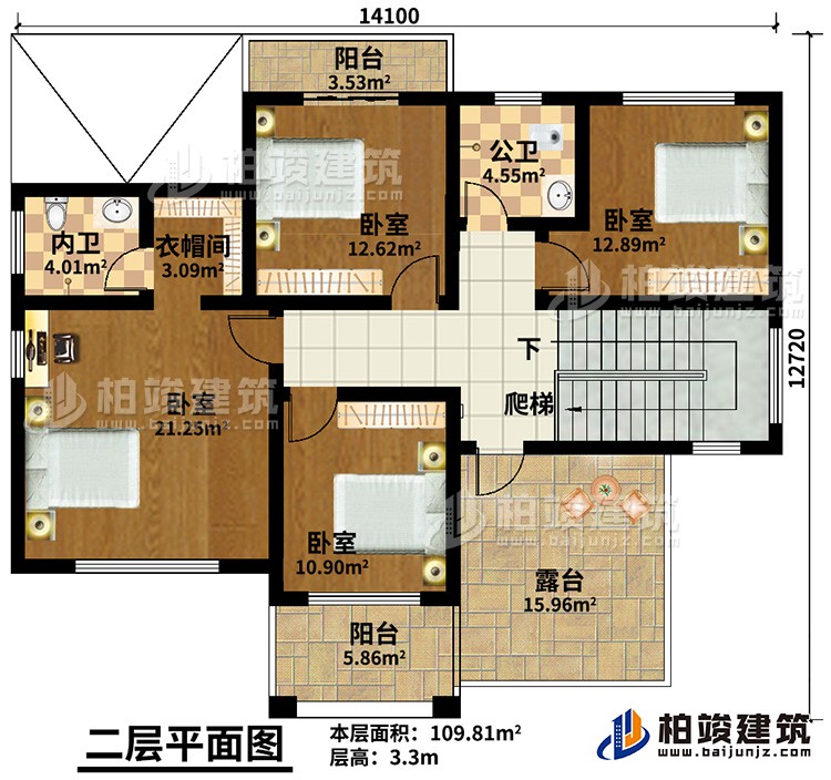 二層：4臥室，公衛(wèi)，內(nèi)衛(wèi)，2陽臺，露臺
