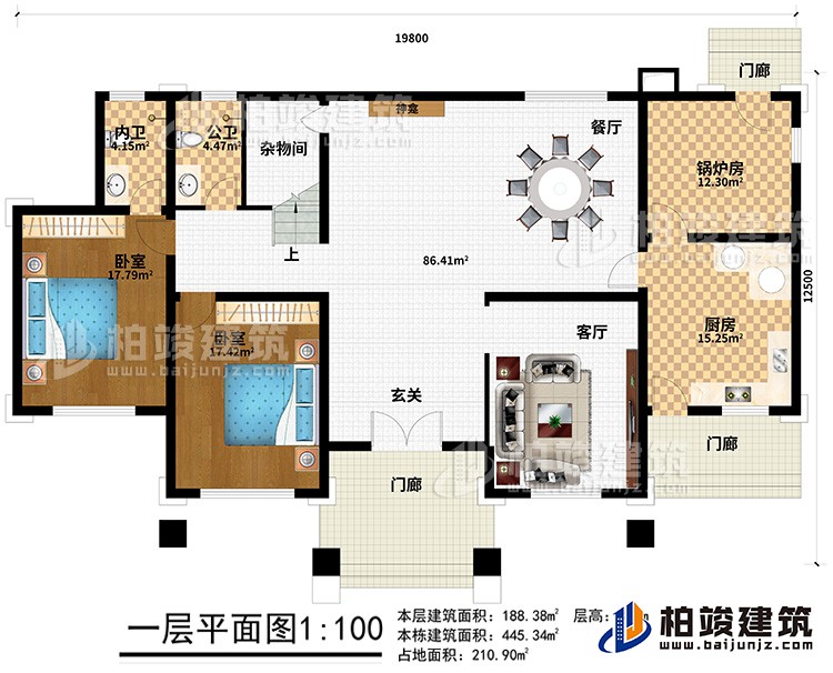 一層：3門廊、玄關(guān)、客廳、廚房、鍋爐房、2臥室、餐廳、神龕、雜物間、公衛(wèi)、內(nèi)衛(wèi)