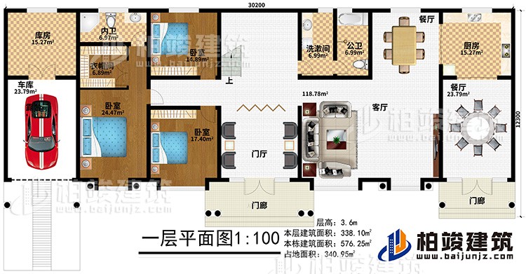一層：2門廊、門廳、客廳、2餐廳、廚房、公衛(wèi)、洗漱間、3臥室、衣帽間、內(nèi)衛(wèi)、庫房、車庫