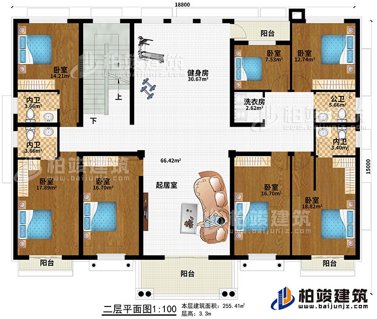 二層：7臥室、起居室、健身房、3內(nèi)衛(wèi)、公衛(wèi)、洗衣房、4陽臺(tái)