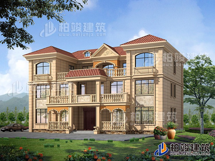 三層雙拼農(nóng)村房屋設(shè)計(jì)圖紙，全套施工圖及效果圖BZ383-簡歐風(fēng)格