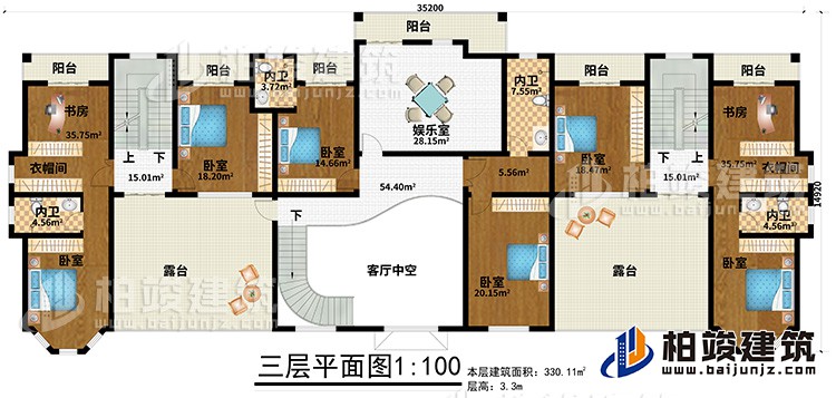 三層：6臥室、2衣帽間、2書(shū)房、4內(nèi)衛(wèi)、娛樂(lè)室、6陽(yáng)臺(tái)、2露臺(tái)、客廳中空