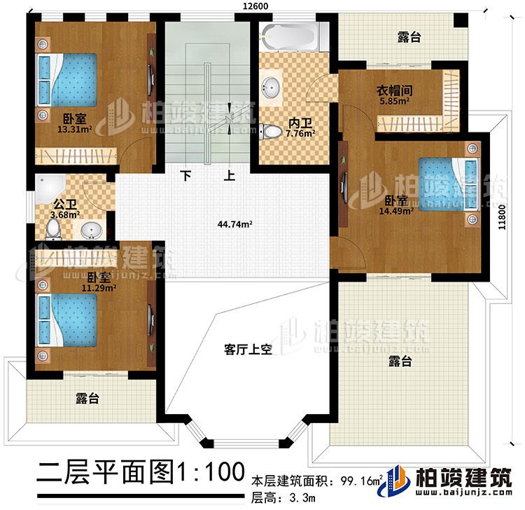 二層：3臥室，衣帽間、公衛(wèi)、內(nèi)衛(wèi)、3露臺(tái)、客廳上空