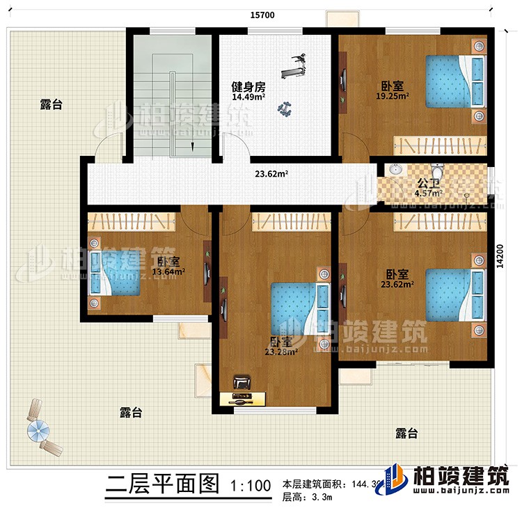 二層：4臥室，公衛(wèi)，健身房，露臺(tái)