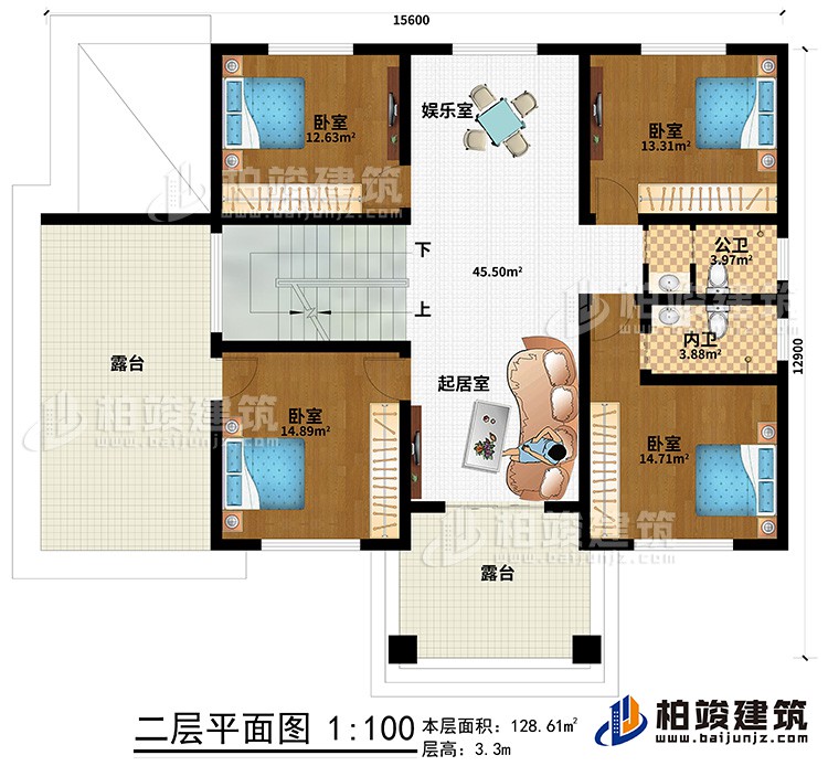 二層：4臥室，內衛(wèi)，公衛(wèi)，起居室，樓梯，棋牌室，2露臺