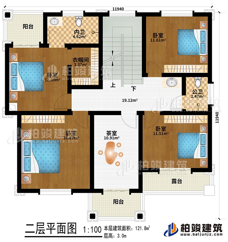 二層：4臥室、衣帽間、茶室、公衛(wèi)、內(nèi)衛(wèi)、2陽(yáng)臺(tái)、露臺(tái)