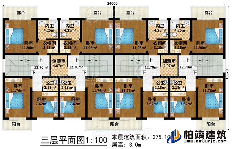 三層：12臥室、4公衛(wèi)、4內(nèi)衛(wèi)、2儲藏室、4衣帽間、3陽臺、4露臺