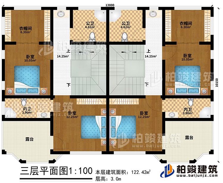 三層：4臥室、2內(nèi)衛(wèi)、2公衛(wèi)、2衣帽間、2露臺