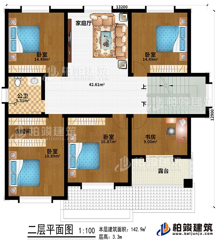 二層：4臥室、公衛(wèi)、衣帽間、書房、露臺(tái)、家庭廳