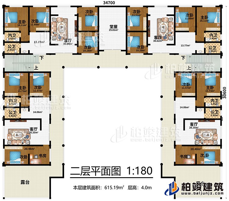二層：10次臥，4主臥，4公衛(wèi)，4內(nèi)衛(wèi)、2書房，4客廳，堂屋、露臺