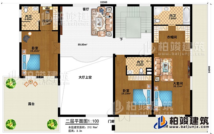 二層：客廳，大套間帶內(nèi)衛(wèi)和衣帽間，單間帶內(nèi)衛(wèi)，中套間帶內(nèi)衛(wèi)和衣帽間，2露臺，樓梯