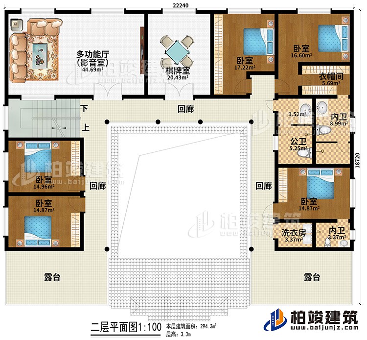 二層：多功能廳（影音室）、棋牌室、5臥室、衣帽間、公衛(wèi)、2內(nèi)衛(wèi)、洗衣房、3回廊、2露臺