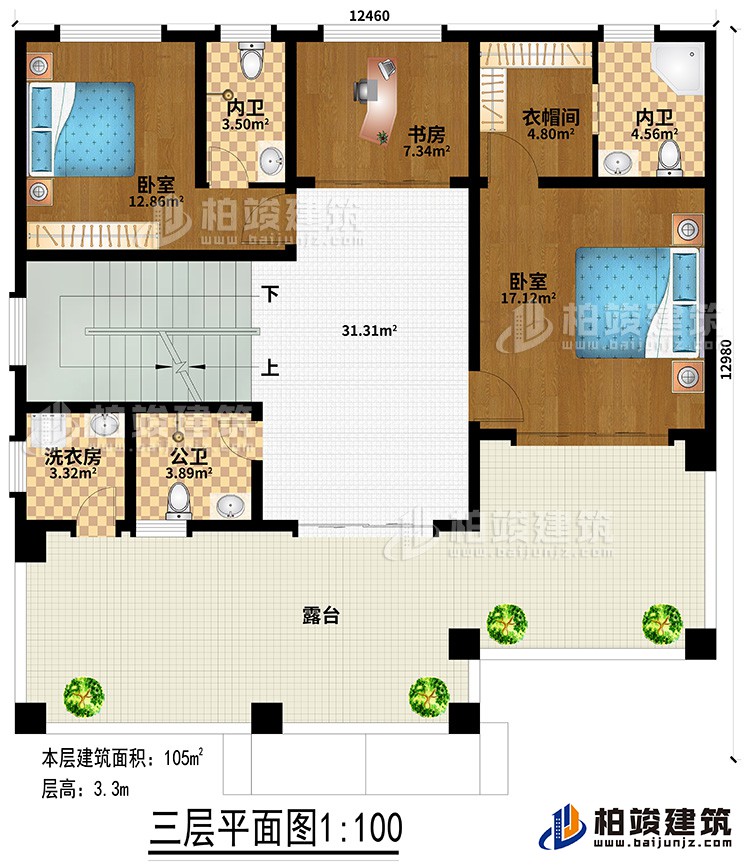 三層：2臥室、衣帽間、書房、2內(nèi)衛(wèi)、公衛(wèi)、洗衣房、露臺(tái)