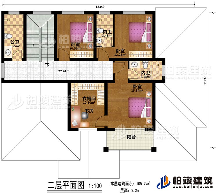 二層：3臥室，3衛(wèi)，客廳，陽(yáng)臺(tái)，衣帽間/書房