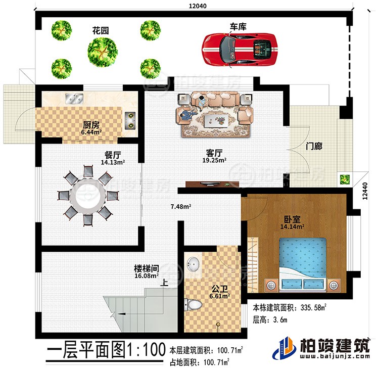 一層：門廊、花園、車庫、廚房、餐廳、客廳、樓梯間、臥室、公衛(wèi)