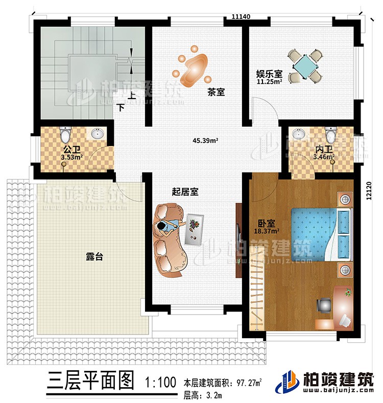 三層：起居室、茶室、娛樂室、公衛(wèi)、內(nèi)衛(wèi)、臥室、露臺