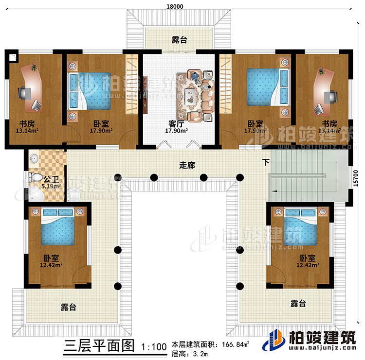 三層：走廊、3臥室、2書房、客廳、3露臺(tái)、公衛(wèi)
