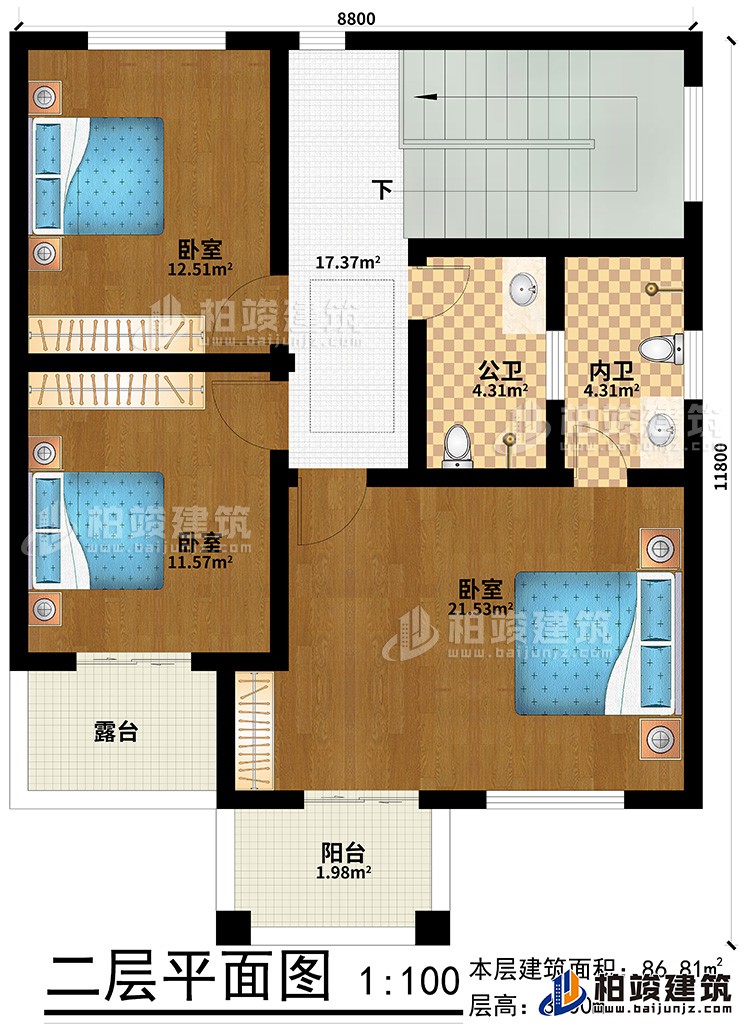 二層：3臥室、公衛(wèi)、內衛(wèi)、陽臺、露臺