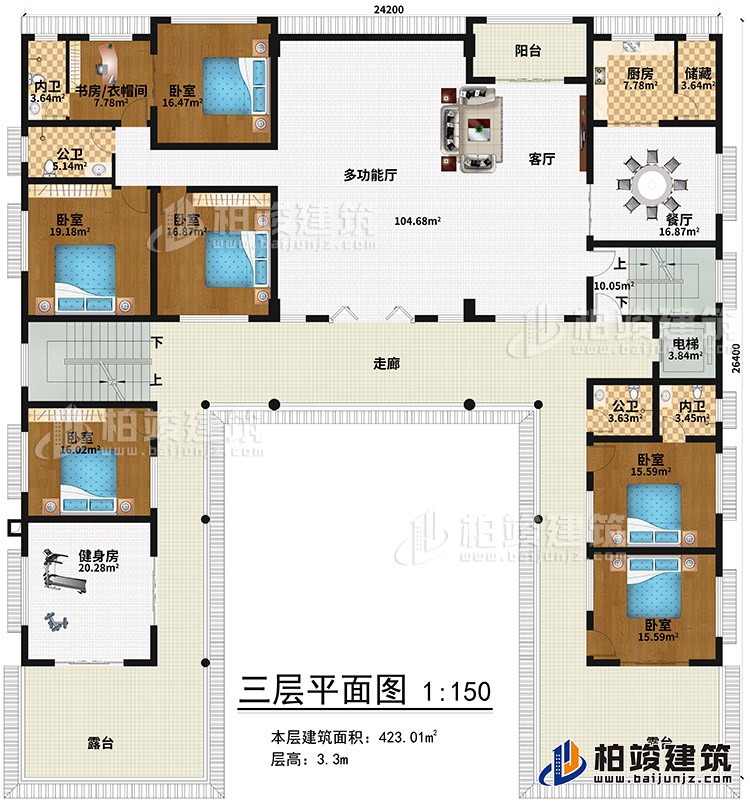 三層：健身房、6臥室、書房/衣帽間、2內(nèi)衛(wèi)、2公衛(wèi)、多功能廳、客廳、陽臺(tái)、餐廳、廚房、儲(chǔ)藏、電梯、2露臺(tái)