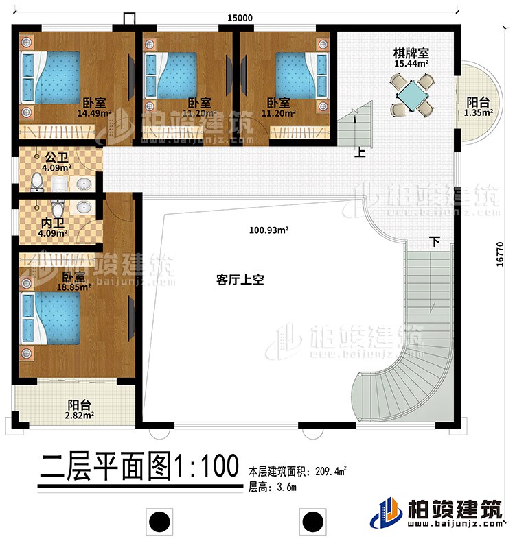 二層：4臥室、公衛(wèi)、內(nèi)衛(wèi)、棋牌室、2陽臺、客廳上空