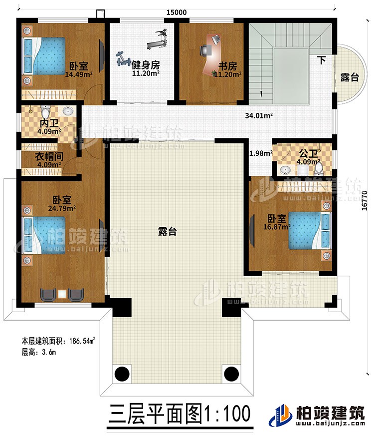 三層：3臥室、健身房、衣帽間、內(nèi)衛(wèi)、公衛(wèi)、健身房、書房、2露臺