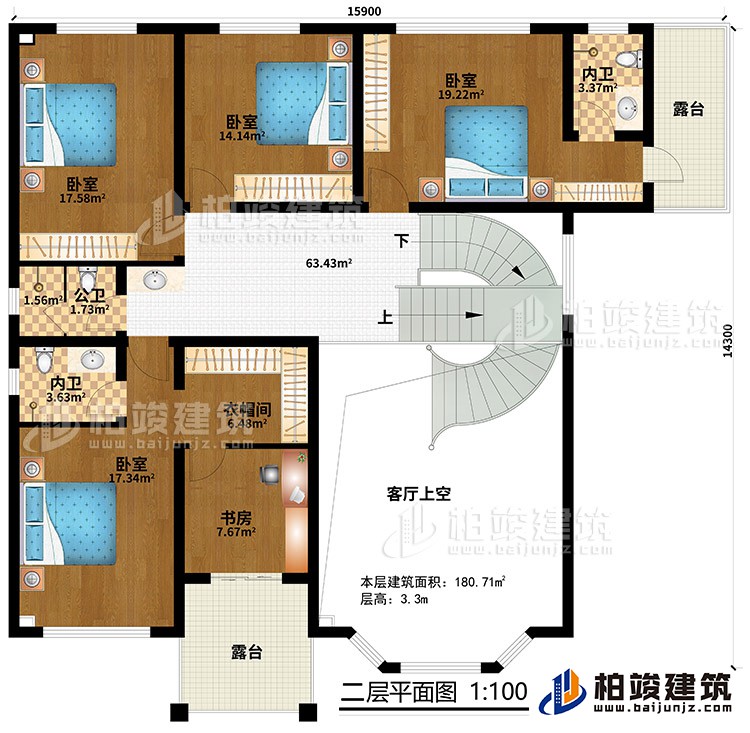 二層：客廳上空，4臥室，衣帽間，2內(nèi)衛(wèi)，公衛(wèi)，2露臺