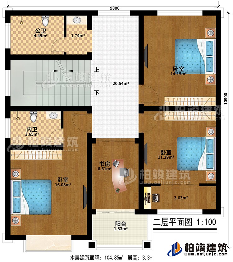 二層：3臥室、公衛(wèi)、內(nèi)衛(wèi)、書房、陽臺