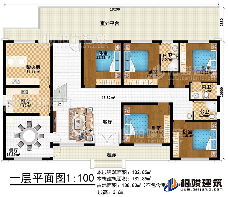 一層：走廊、客廳、餐廳、廚房、柴火房、室外平臺、5臥室、2內(nèi)衛(wèi)、公衛(wèi)