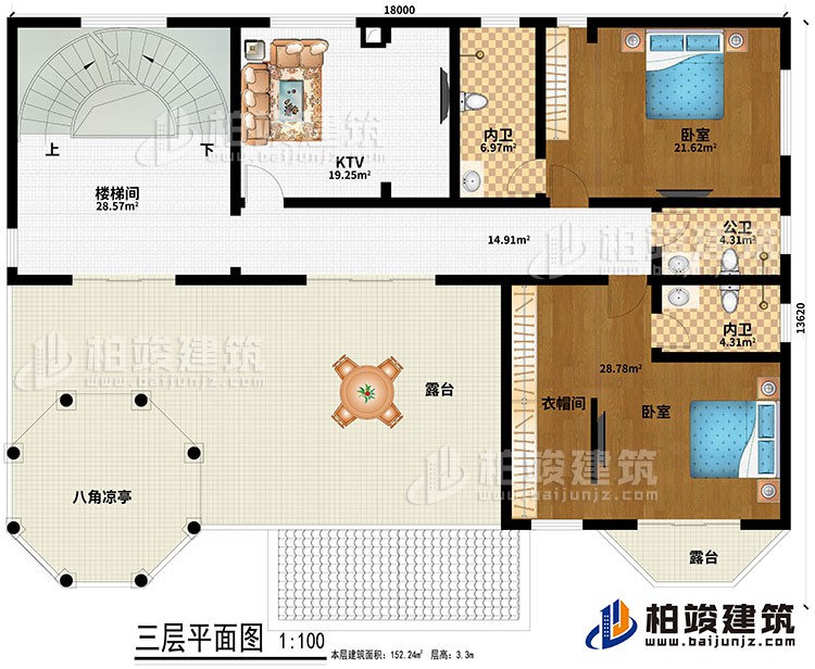 三層：樓梯間、KTV、2臥室、衣帽間、2內衛(wèi)、公衛(wèi)、2露臺、八角涼亭