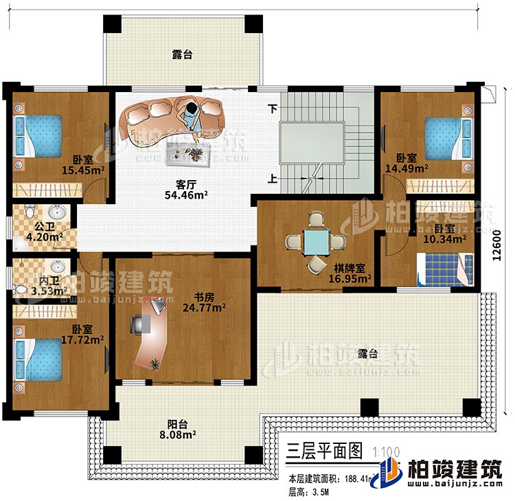 三層：客廳、4臥室、書房、棋牌室、內(nèi)衛(wèi)、公衛(wèi)、陽臺(tái)、2露臺(tái)