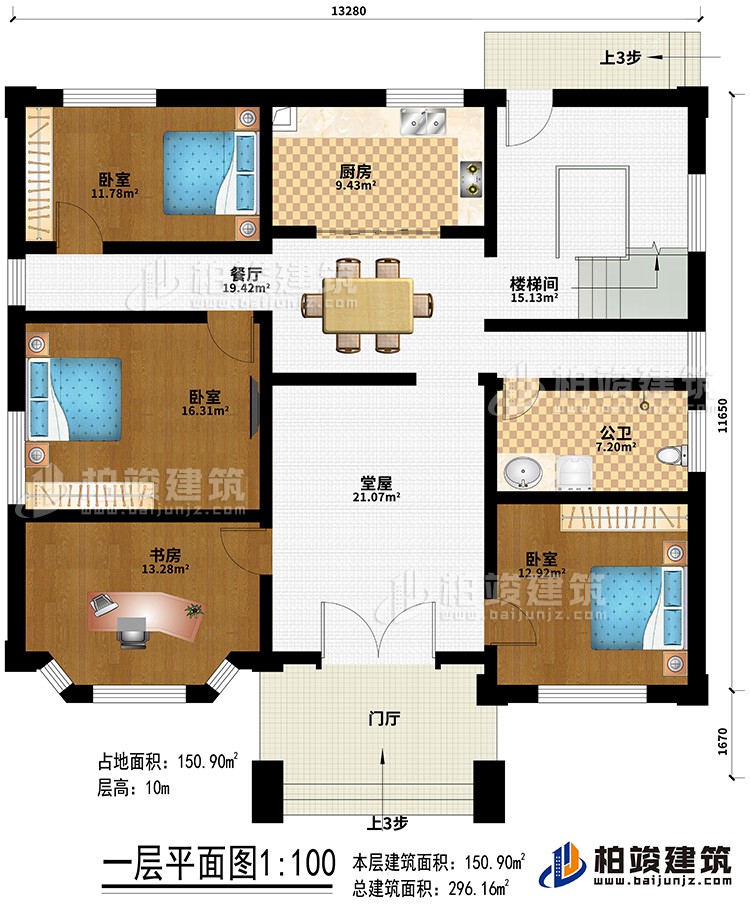 一層：門廳、堂屋、餐廳、廚房、樓梯間、3臥室、書房、公衛(wèi)