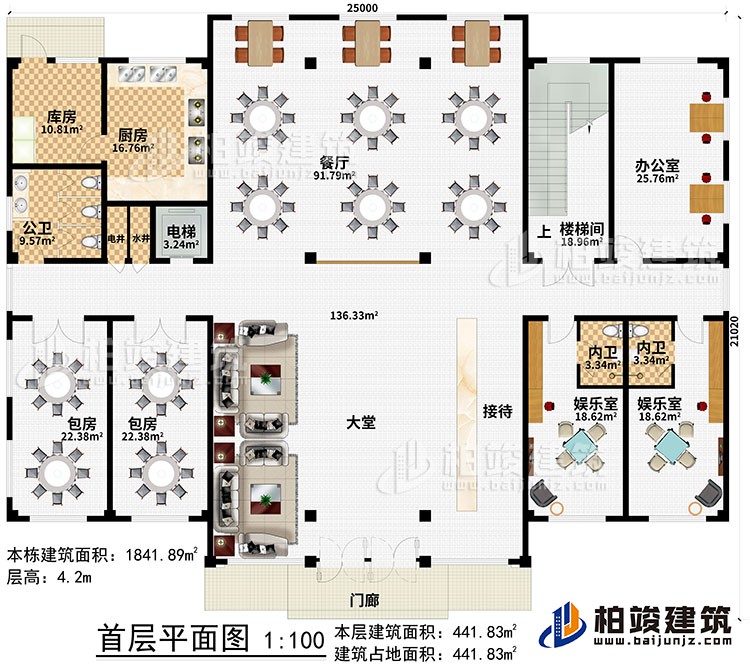 一層：門(mén)廊、大堂、接待、2娛樂(lè)室、2內(nèi)衛(wèi)、辦公室、樓梯間、餐廳、電梯、電井、水井、廚房、庫(kù)房、公衛(wèi)、2包房