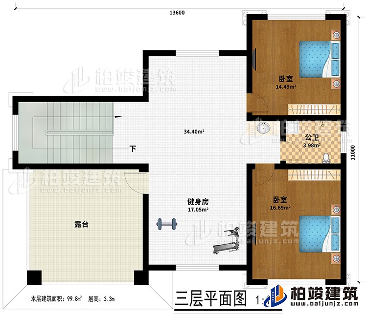 三層：２臥室、公衛(wèi)、健身房、露臺