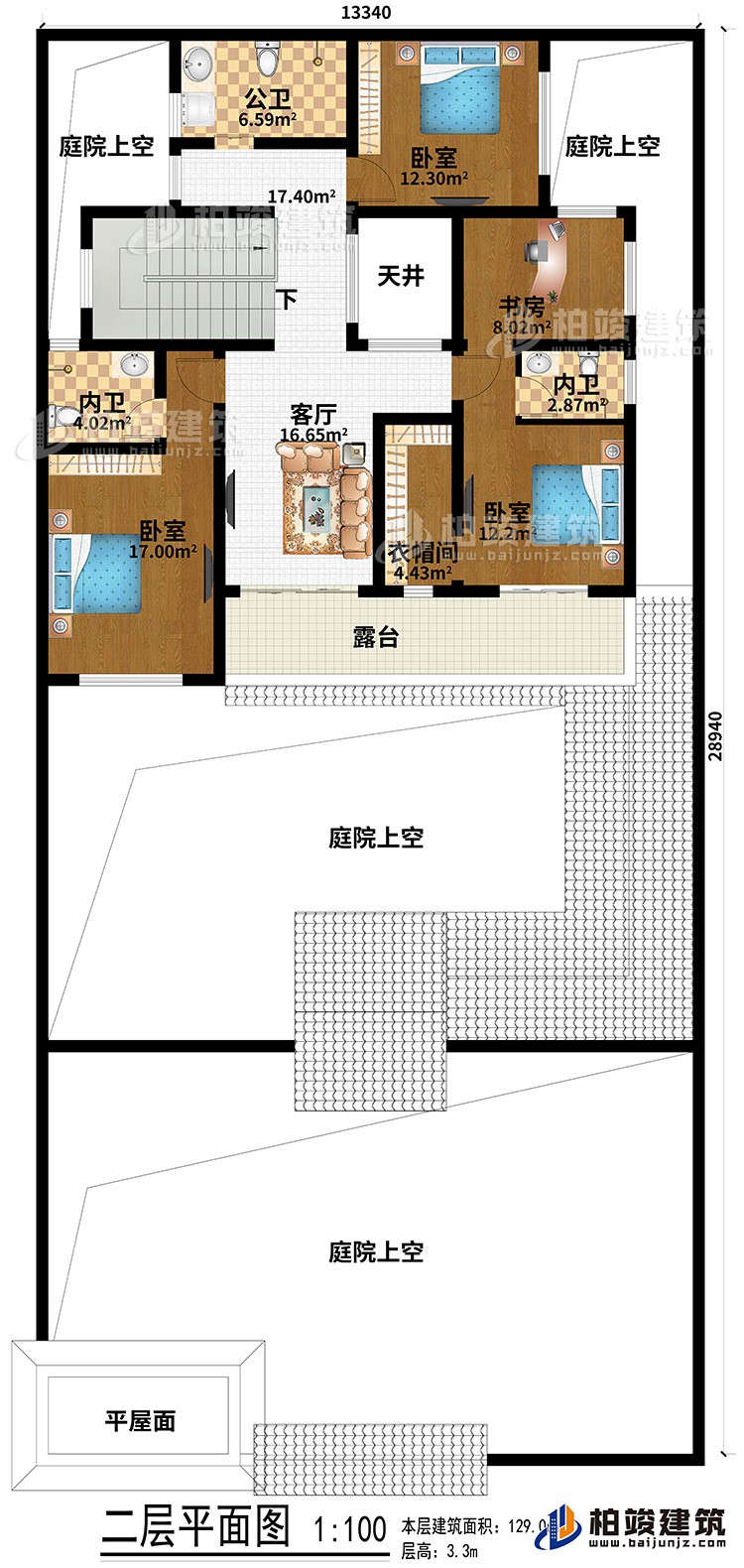 二層：平屋面、4庭院上空、3臥室、客廳、天井、衣帽間、書房、公衛(wèi)、2內(nèi)衛(wèi)