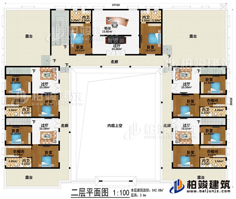二層：內(nèi)庭上空、5過廳、書房、3走廊、4露臺(tái)、10臥室、4衣帽間、6內(nèi)衛(wèi)