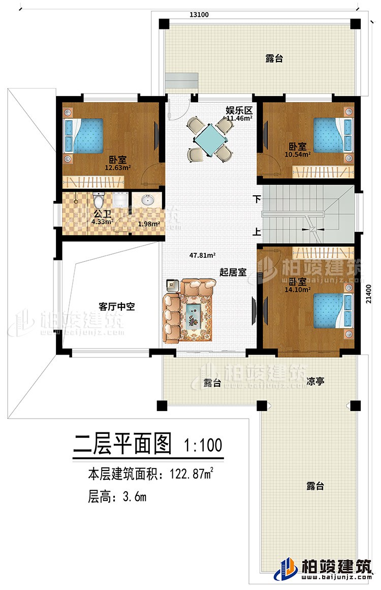 二層：3臥室、起居室、娛樂(lè)區(qū)、3露臺(tái)、涼亭、客廳中空、公衛(wèi)