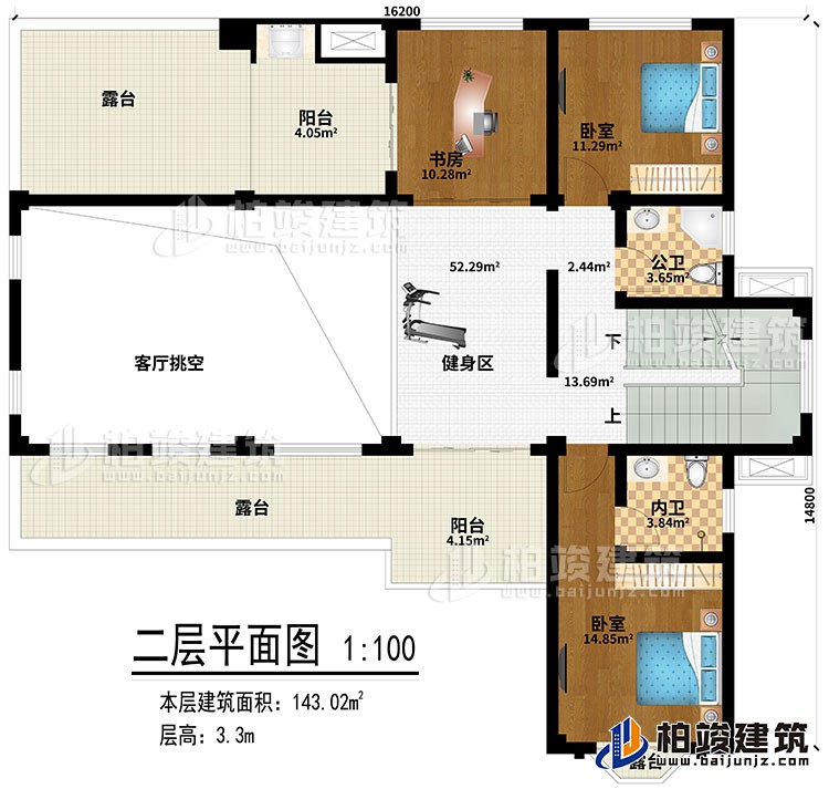 二層：健身區(qū)、客廳挑空、書房、2臥室、公衛(wèi)、內(nèi)衛(wèi)、2陽臺、3露臺