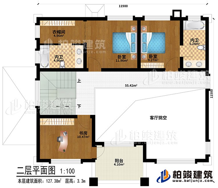二層：客廳挑空、2臥室、衣帽間、書房、2內(nèi)衛(wèi)、陽臺