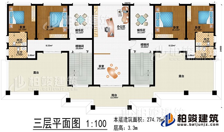 三層：辦公區(qū)、茶室、2樓梯間、2娛樂(lè)區(qū)、4臥室、2公衛(wèi)、2內(nèi)衛(wèi)、2露臺(tái)
