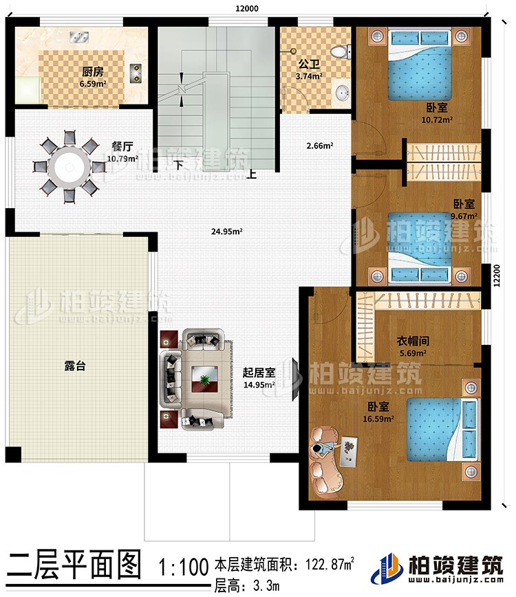 二層：起居室、餐廳、廚房、公衛(wèi)、3臥室、衣帽間、露臺(tái)