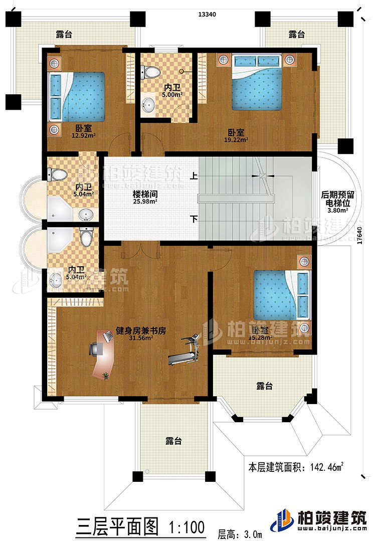 三層：樓梯間、健身房兼書房、3臥室、3內(nèi)衛(wèi)、后期預(yù)留電梯位、4露臺(tái)
